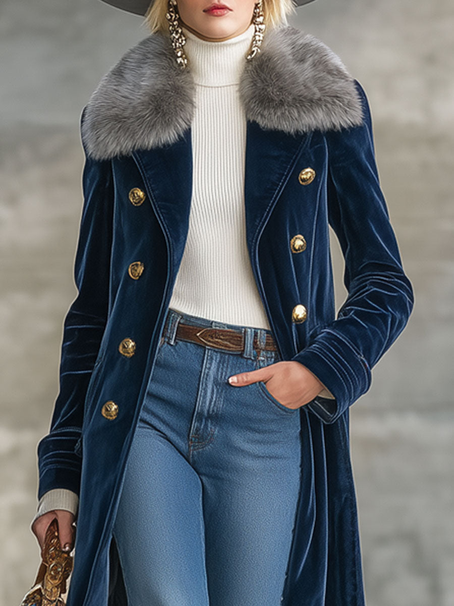 Fashion Retro Navy Blue Velvet Fur Collar Long Coat