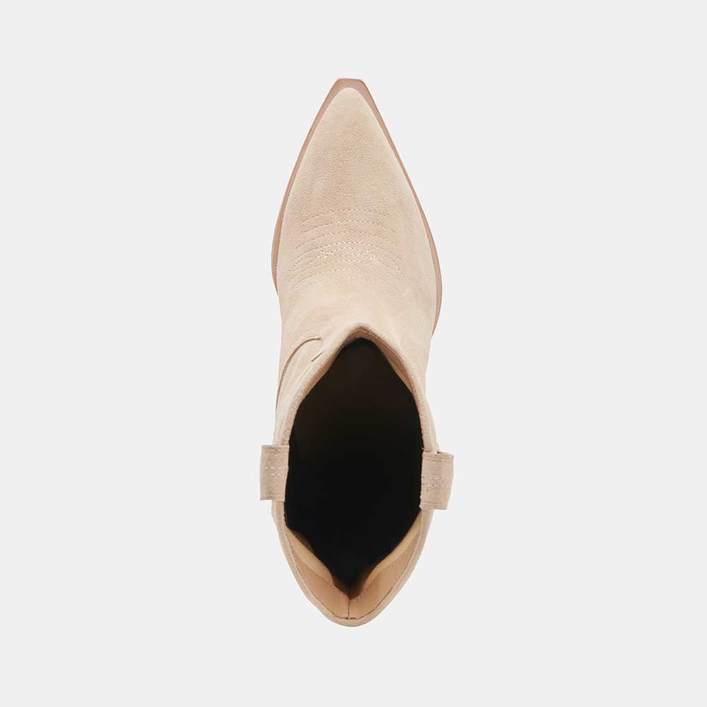 Beige Pointed Toe Kitten Heel Pull Tab Ankle Boots with Stitching