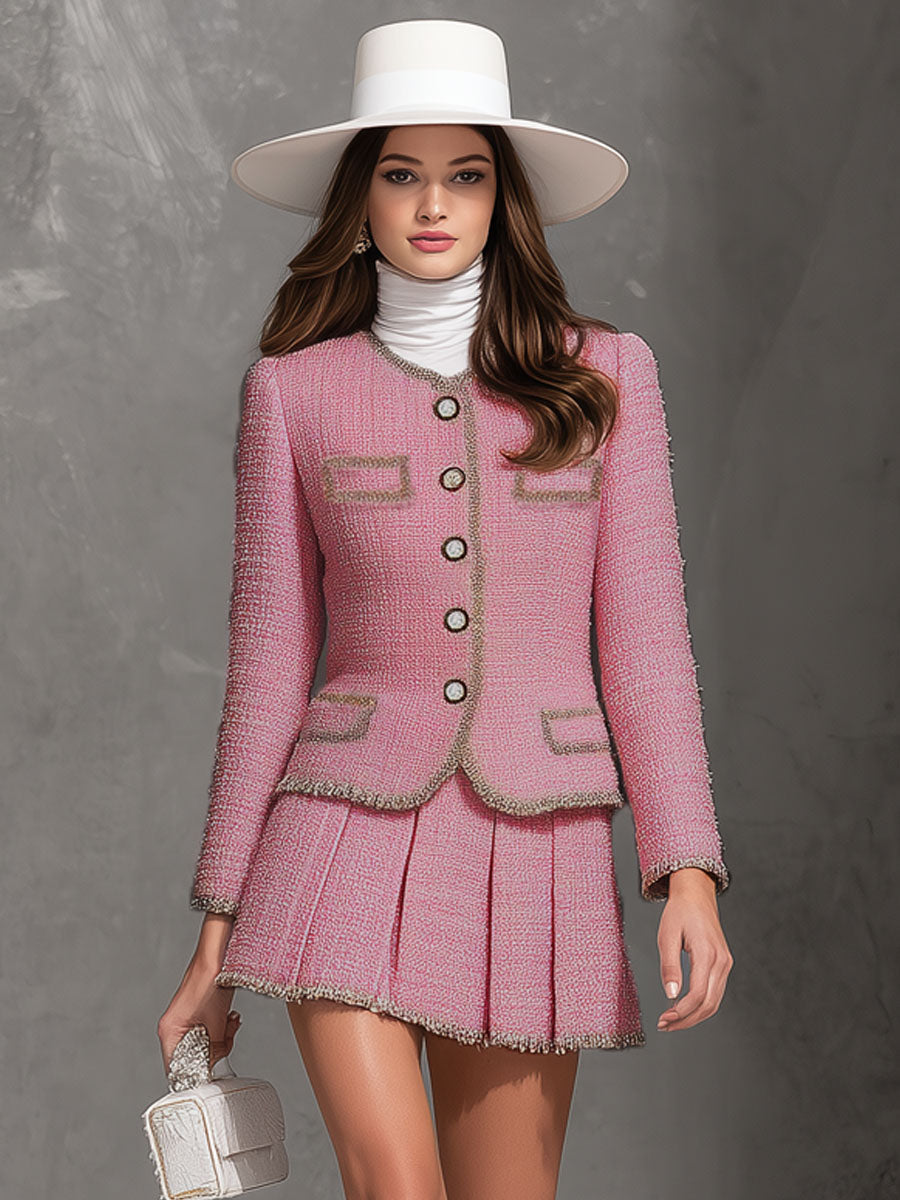 Elegant Textured Fabric Web Jacket And Pleated Skirt Set