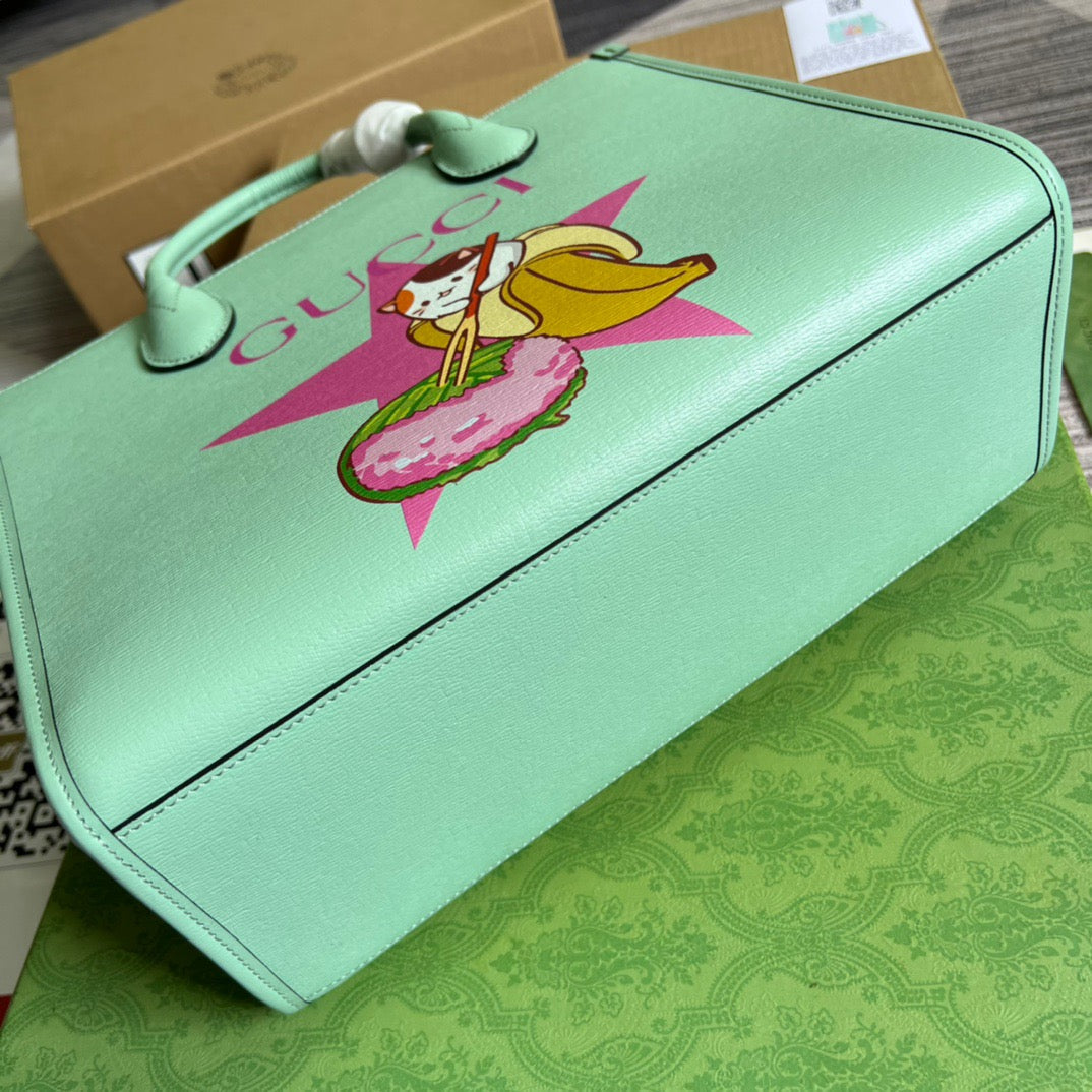 gg Bananya Print Small Tote Green For Women, Women’s Bags 12.2in/31cm gg 659983 U22AG 3067