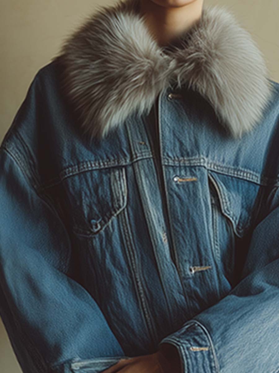 Fashionable And Casual Loose Detachable Faux Fur Collar Blue Denim Mid-length Coat