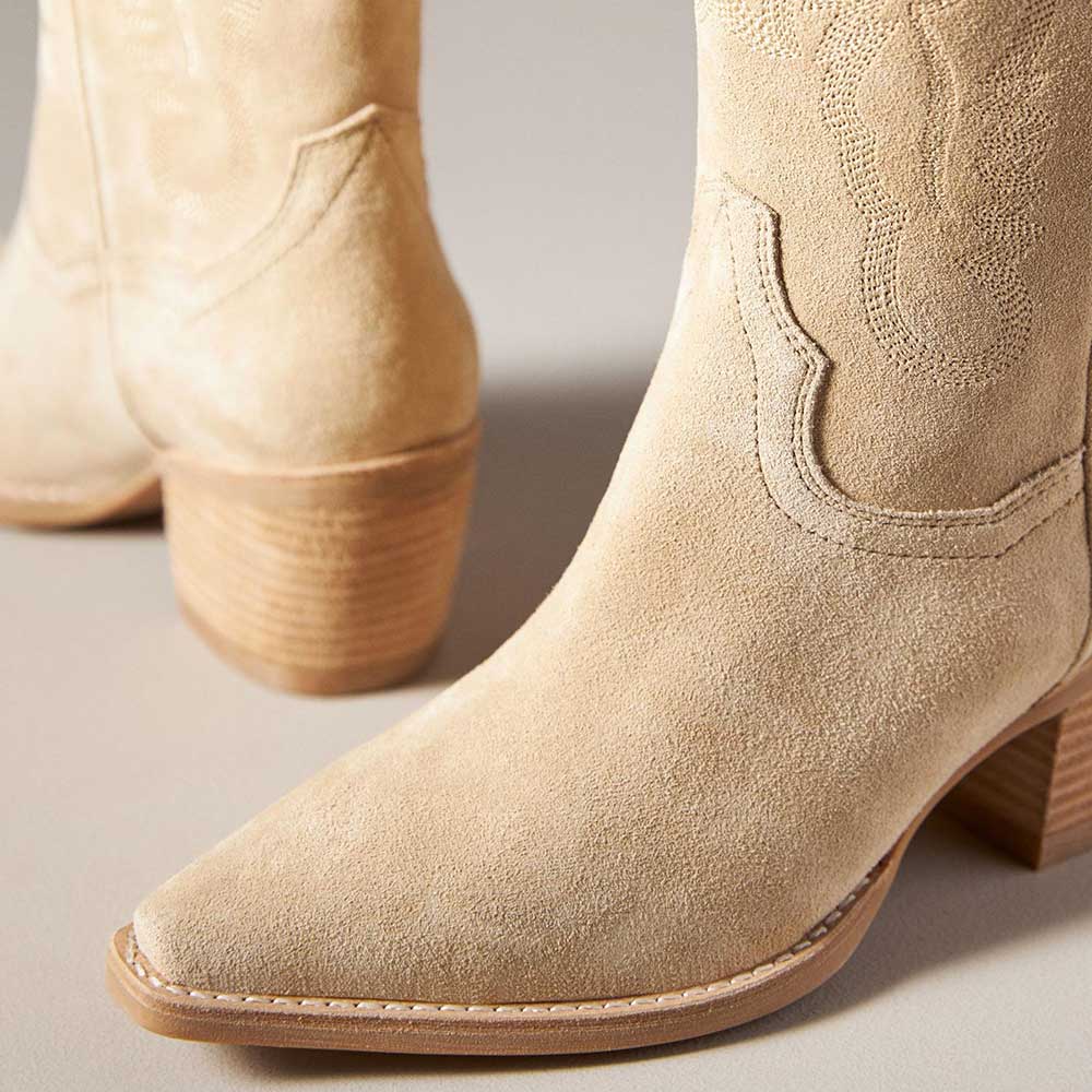 Beige Snip Toe 3'' Chunky Heel Embroidered Mid-Calf Cowgirl Boots