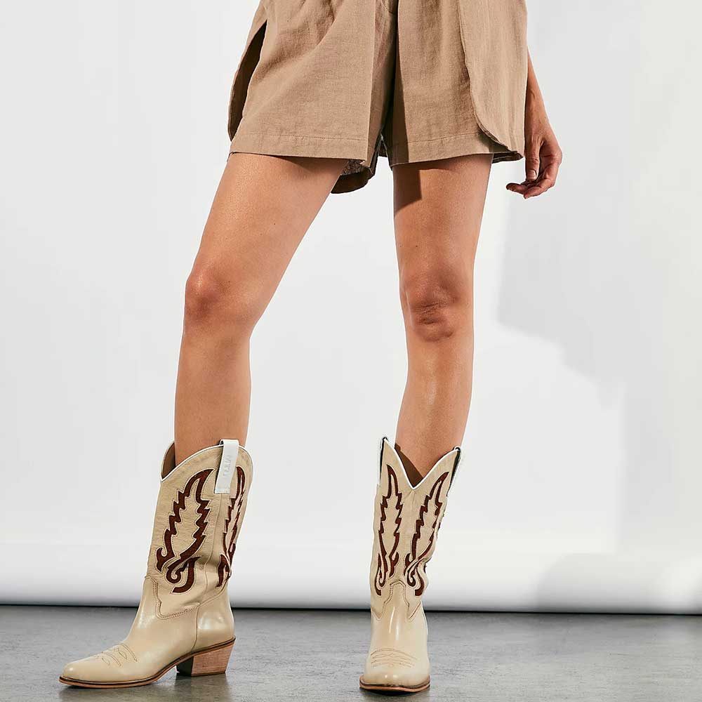 Beige Vegan Leather Pointed Toe Patch-Work Classic Western Boots