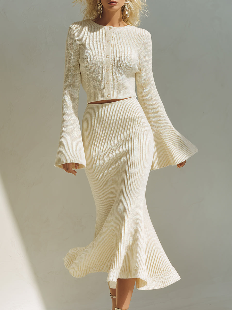 Elegant And Exquisite Beige Round Neck Knitted Cardigan Fishtail Skirt Set