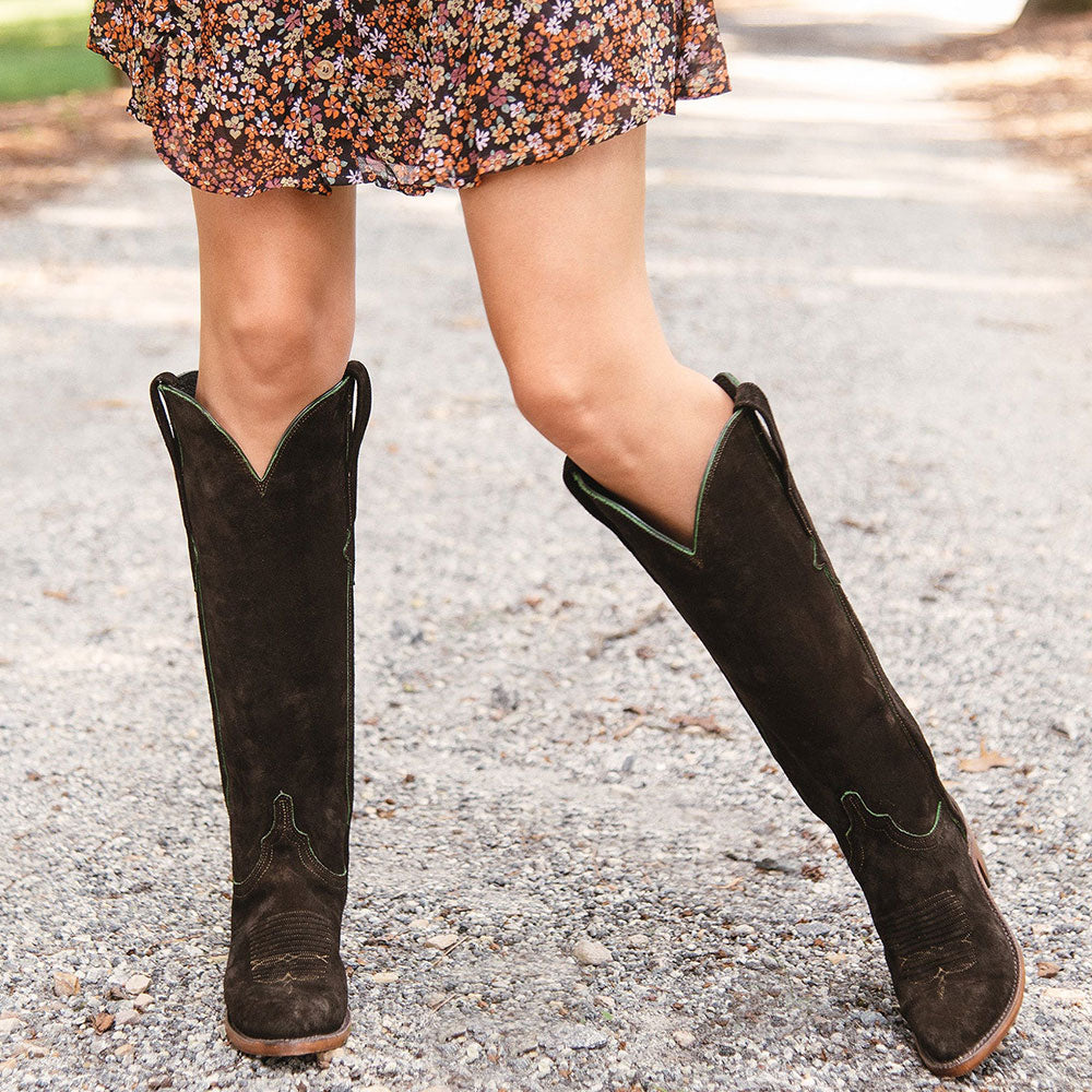 Dark Olive Closed Toe Knee-High Block Heeled Embroidered Cowgirl Boots