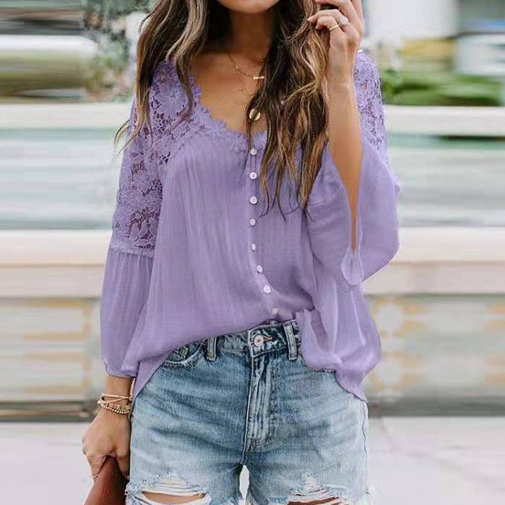 Everyday Hollow Guipure Lace Flare Sleeve V Neck Button Blouse