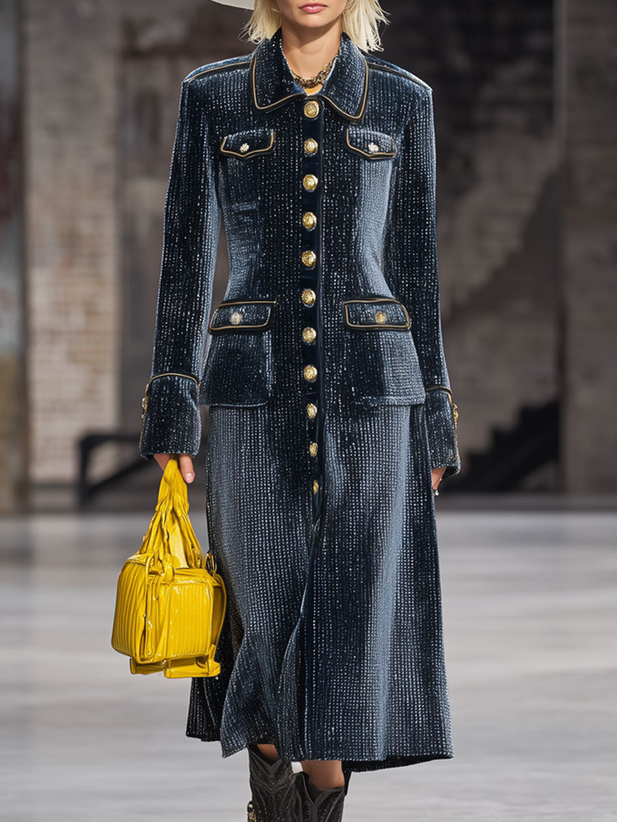 Fashion Retro Gold-Trimmed Shiny Navy Blue Velvet Long Coat