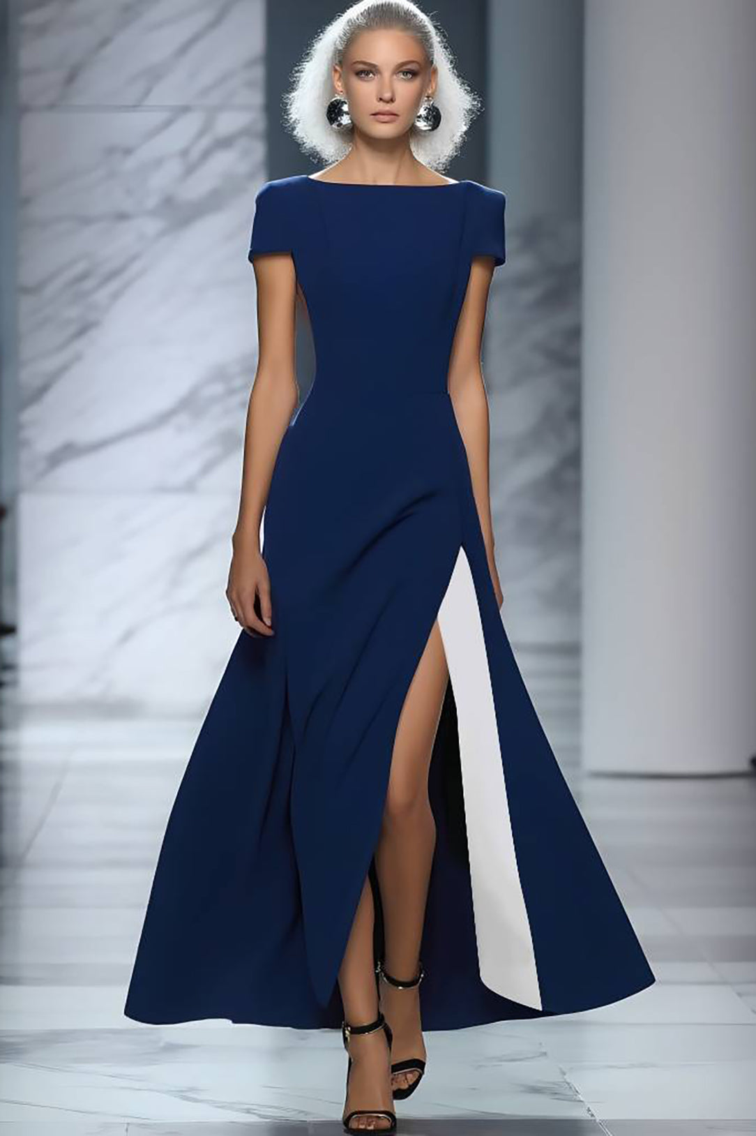 Formal Evening Dress Deep Blue Boat Neck Side Slit Maxi Gown
