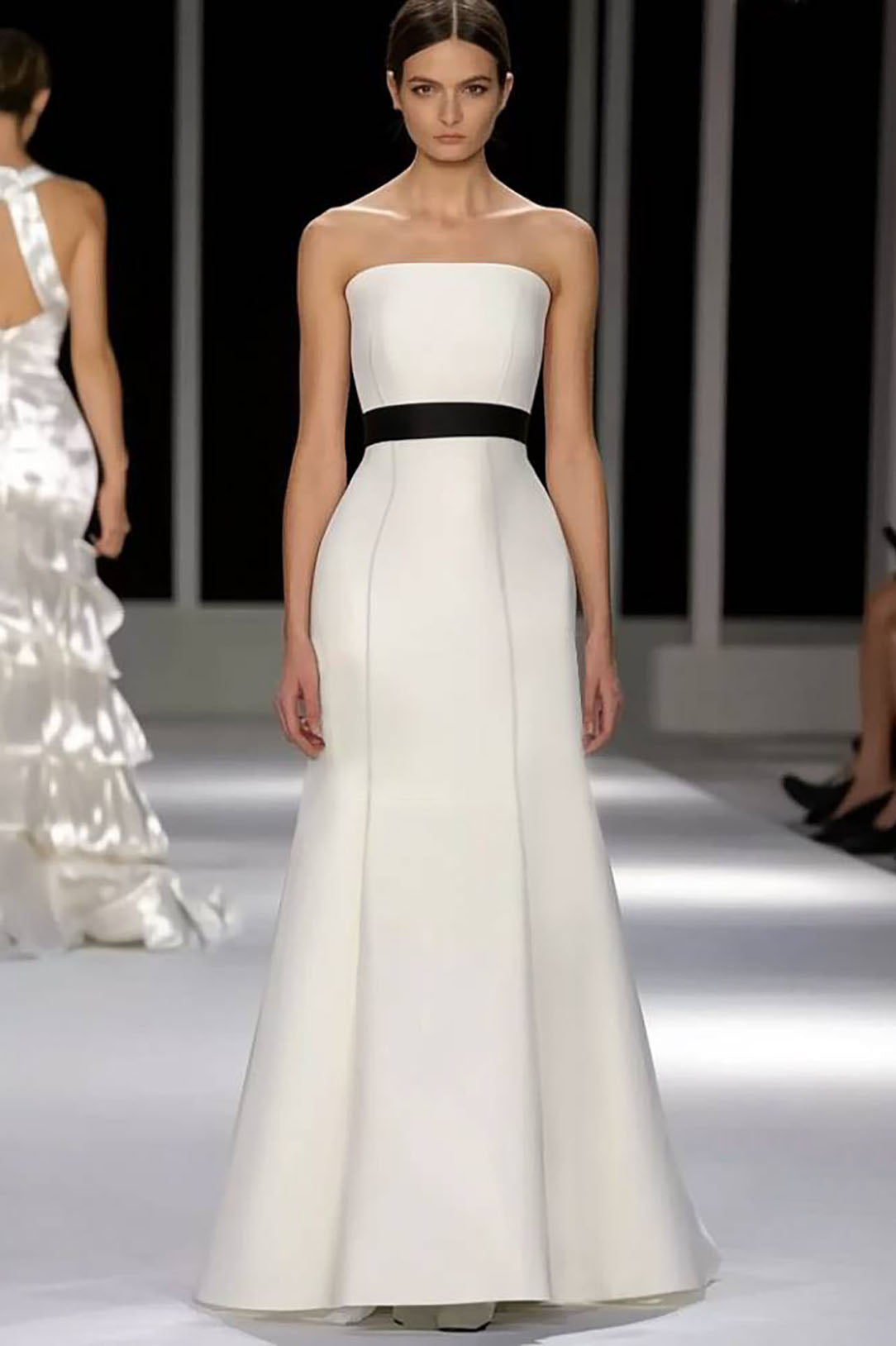Formal Evening Dress White Strapless Black Waistband Floor-Length Gown