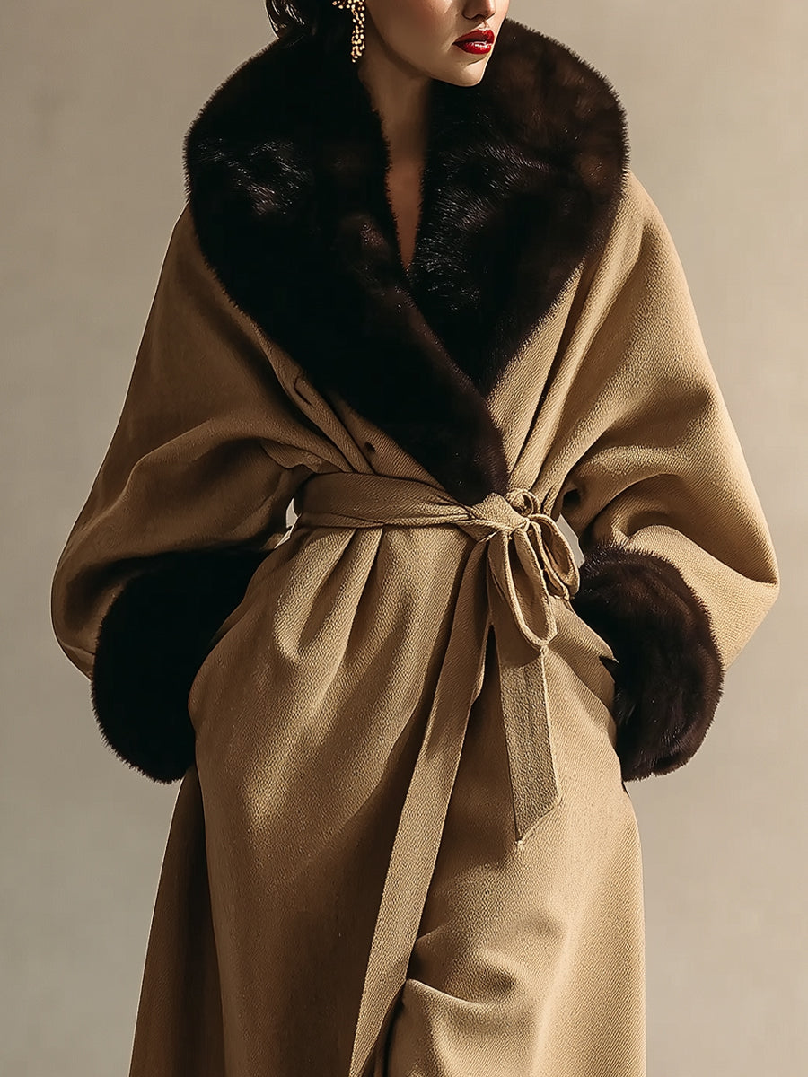 Elegant Wrap Coat With Faux Fur Collar And Cuffs
