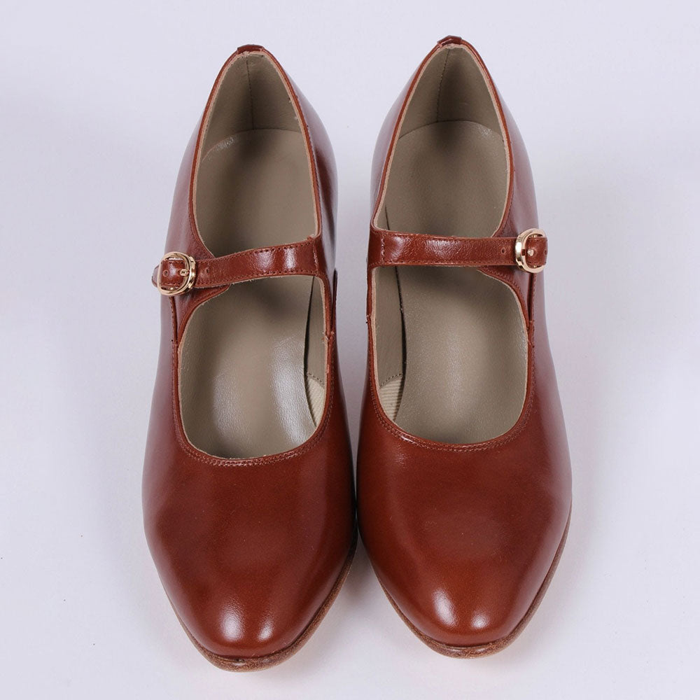 Elegant Faux Leather Brown Round Toe Heeled Mary Janes with Buckle