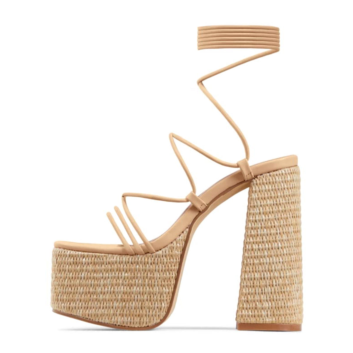 Beige Strappy Square Toe Chunky Heel Platform Sandals for Prom