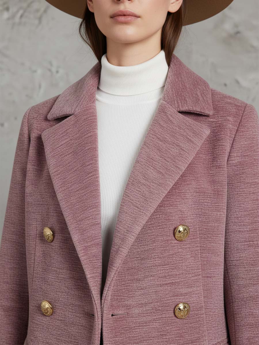 Elegant And Warm Double-breasted Pink Lapel Chenille Coat