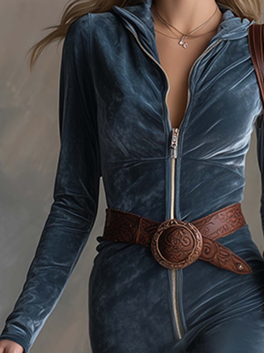 Elegant Haze Blue Hooded Front Zipper Waistband Long Sleeve Wide Leg Jumpsuit