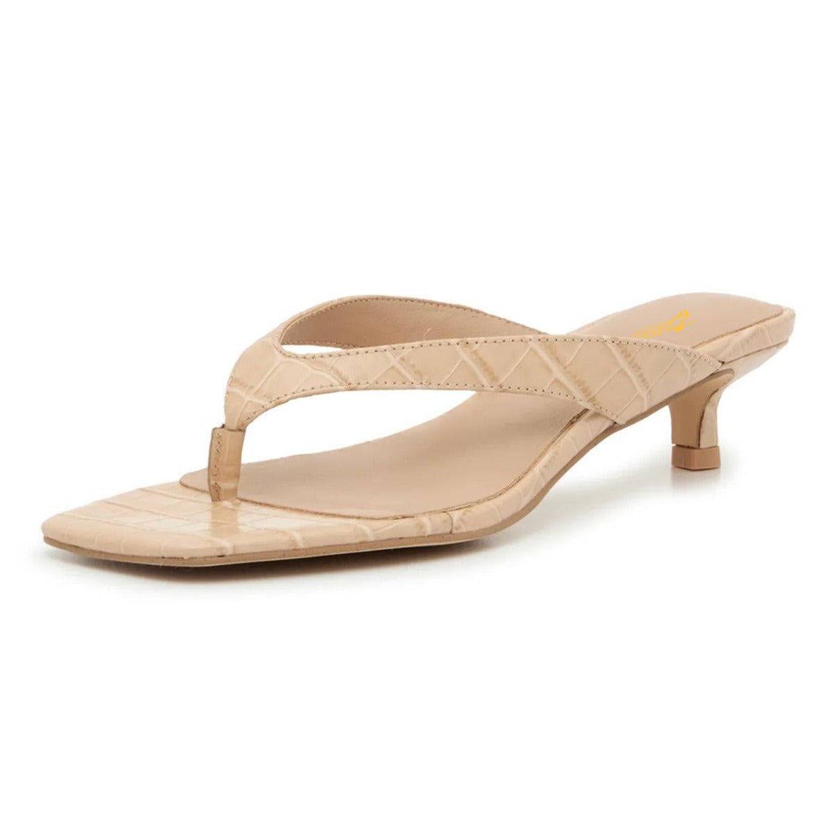 Beige Open Square Toe Crocodile Embossed Flip Flop Low Heel Sandals