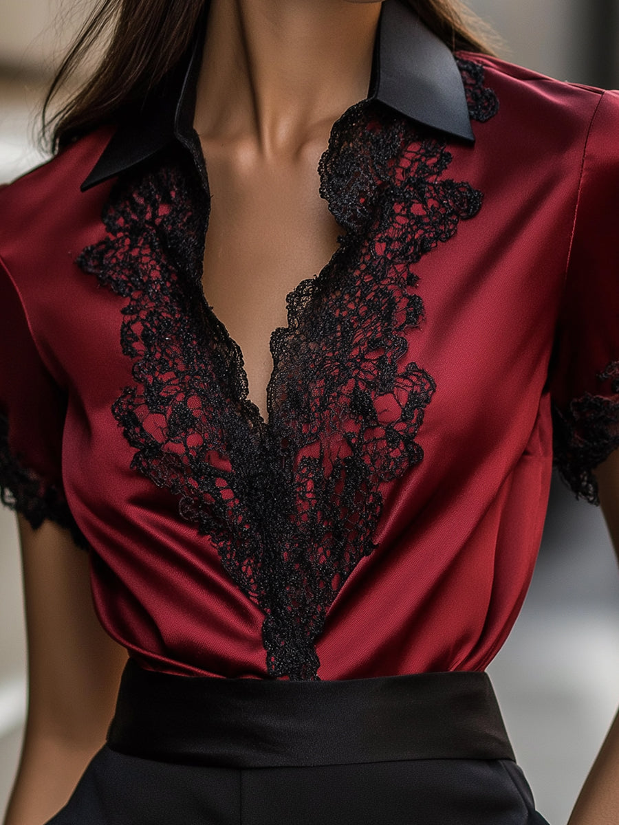 Elegant Burgundy Satin Top with Black Lace Detailing
