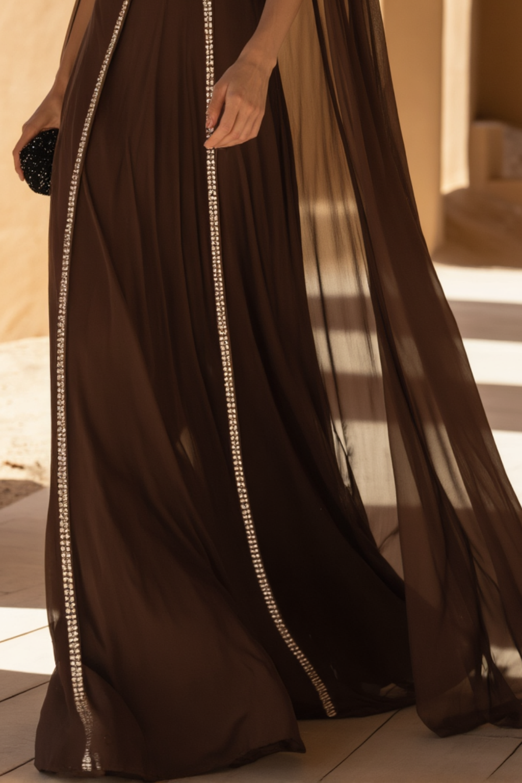 Formal Evening Dress Cape Brown V Neck Floor-Length Gown