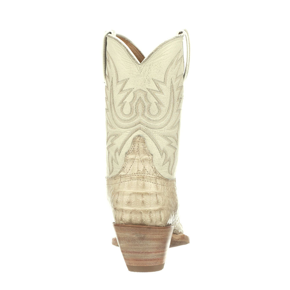Beige Croco Embossed Pointed Toe Mid-Calf Embroidered Chunky Boots