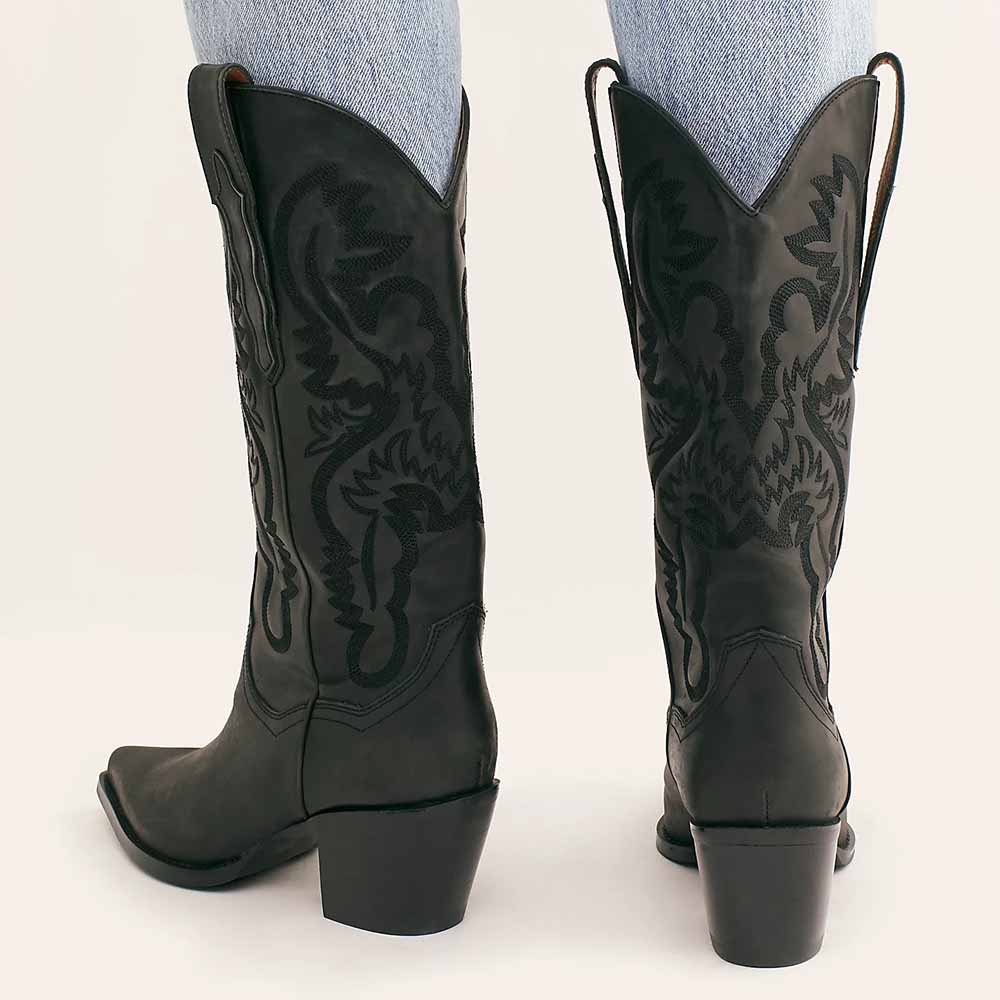 Dark Gray Pointed Toe Block Heel Embroidered Mid Calf Cowgirl Boots
