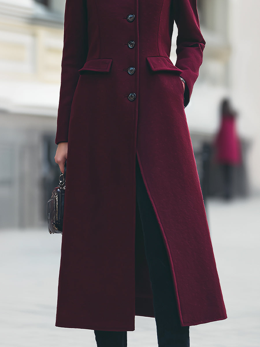Elegant Tailored Wool Long Coat – Deep Burgundy Sophistication