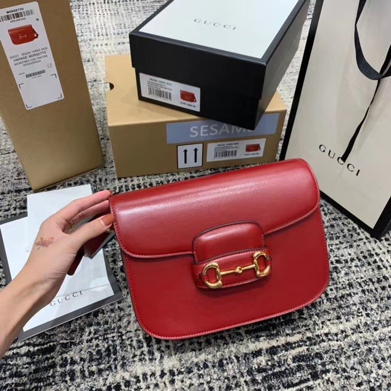 gg Horsebit 1955 Shoulder Bag Red Textured With A Vintage Effect For Women 9.8in/25cm gg 602204 1DB0G 6638