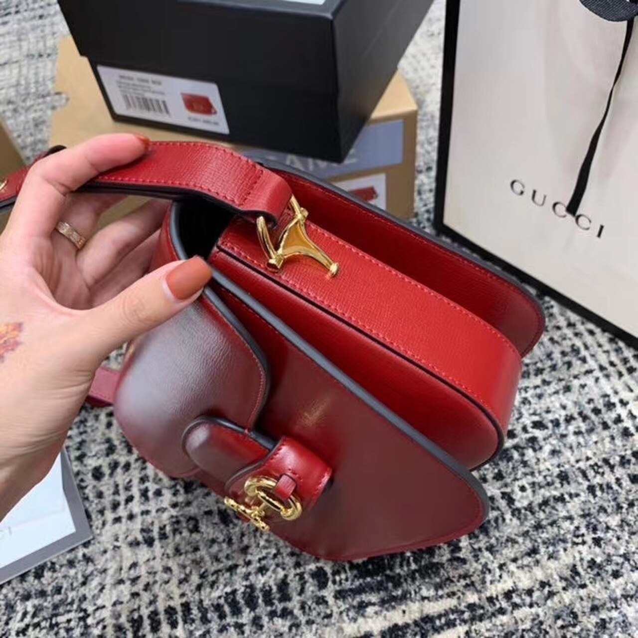 gg Horsebit 1955 Shoulder Bag Red Textured With A Vintage Effect For Women 9.8in/25cm gg 602204 1DB0G 6638