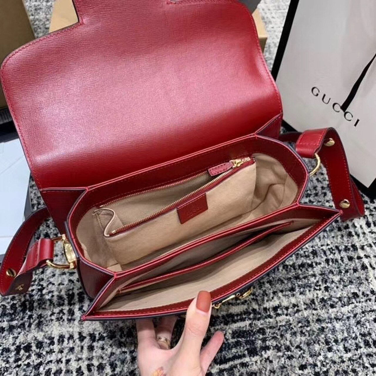 gg Horsebit 1955 Shoulder Bag Red Textured With A Vintage Effect For Women 9.8in/25cm gg 602204 1DB0G 6638