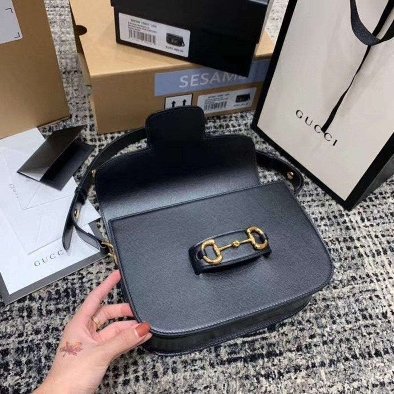 gg Horsebit 1955 Shoulder Bag Black Textured With A Vintage Effect For Women 9.8in/25cm gg 602204 1DB0G 1000