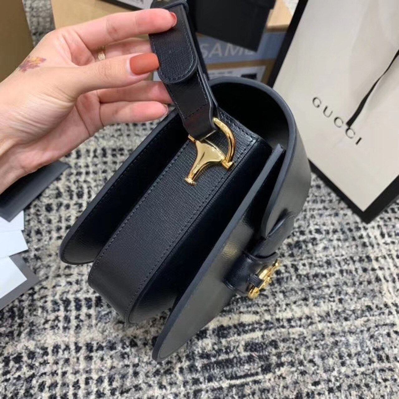 gg Horsebit 1955 Shoulder Bag Black Textured With A Vintage Effect For Women 9.8in/25cm gg 602204 1DB0G 1000