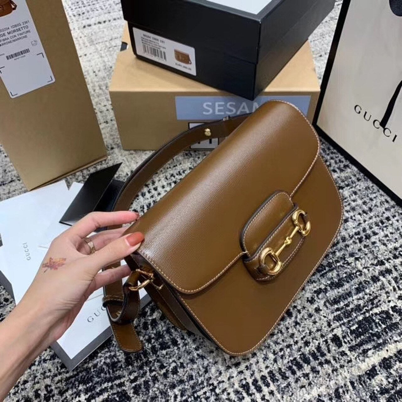 gg Horsebit 1955 Shoulder Bag Brown Textured With A Vintage Effect For Women 9.8in/25cm gg 602204 1DB0G 2361