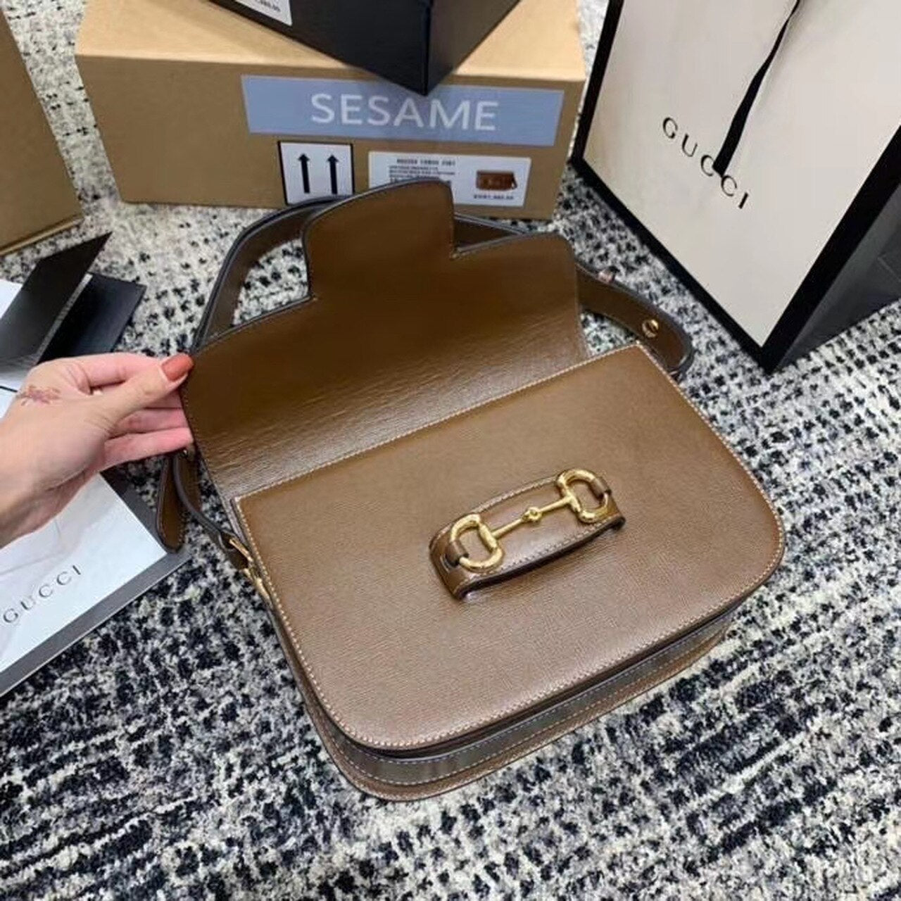 gg Horsebit 1955 Shoulder Bag Brown Textured With A Vintage Effect For Women 9.8in/25cm gg 602204 1DB0G 2361