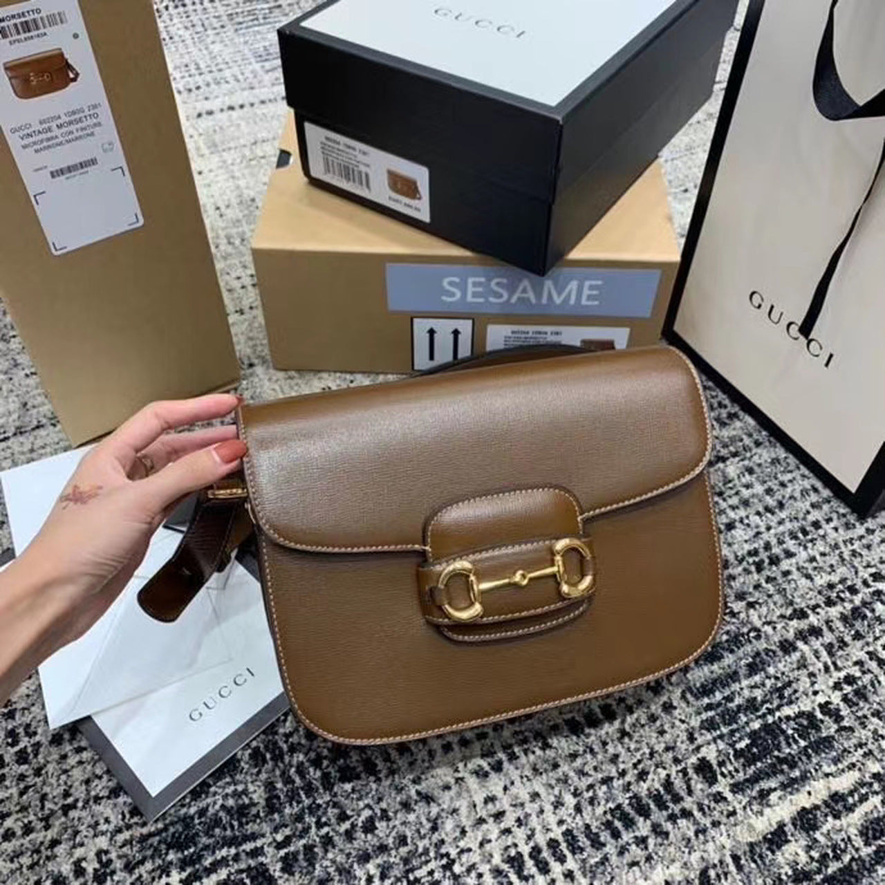 gg Horsebit 1955 Shoulder Bag Brown Textured With A Vintage Effect For Women 9.8in/25cm gg 602204 1DB0G 2361