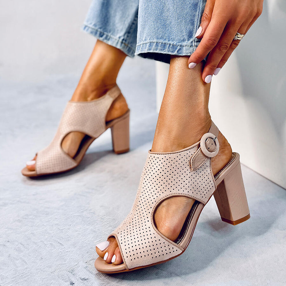 Beige Open Toe Chunky Heel Cut Out Slingback Sandals