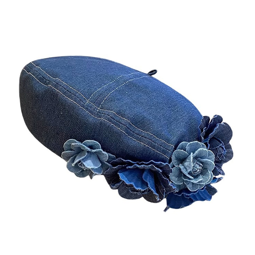 Fashion Color Block 3D Floral Denim Beret