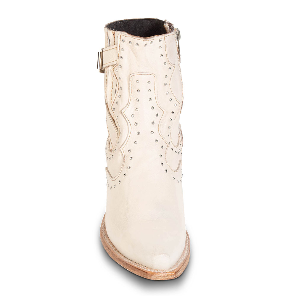 Beige Snip Toe Block Heel Studded Vintage Western Booties