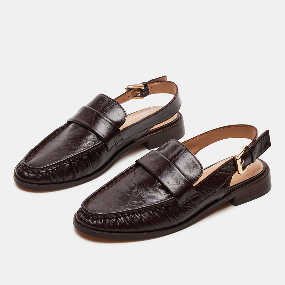Dark Brown Vegan Leather Round Toe Flat Buckled Loafer Slingbacks