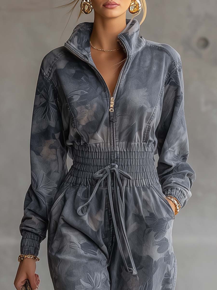 Exquisite Casual Sportswear High-neck Light Blue And Gray Floral Print Loose Jumpsuit
