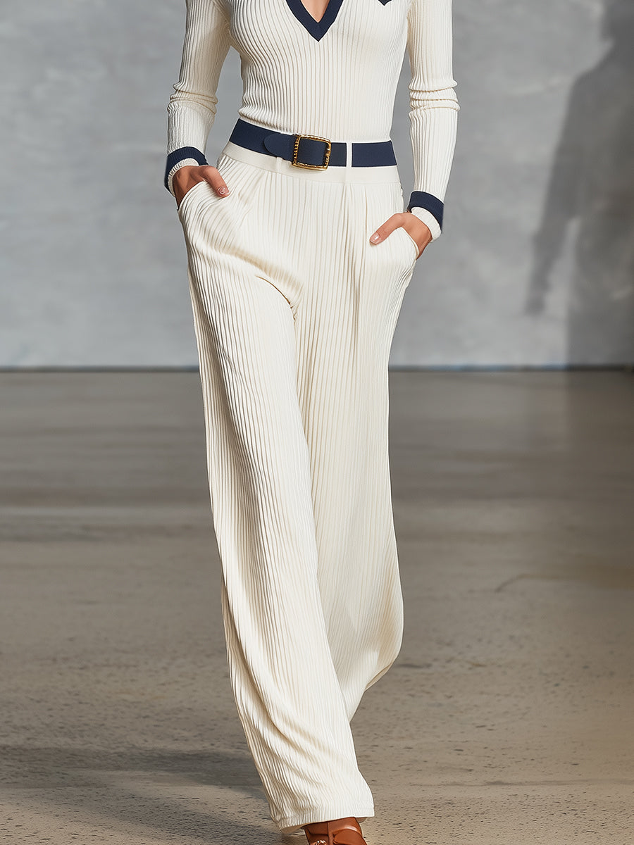 Elegant V-neck Lapel Navy Blue Trim Off-white Knitted Sweater And Trousers Set