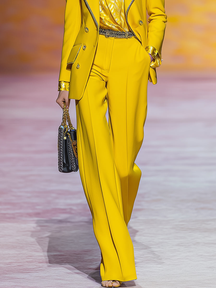 Fashionable And Smart Trim Yellow Suit Trousers Set