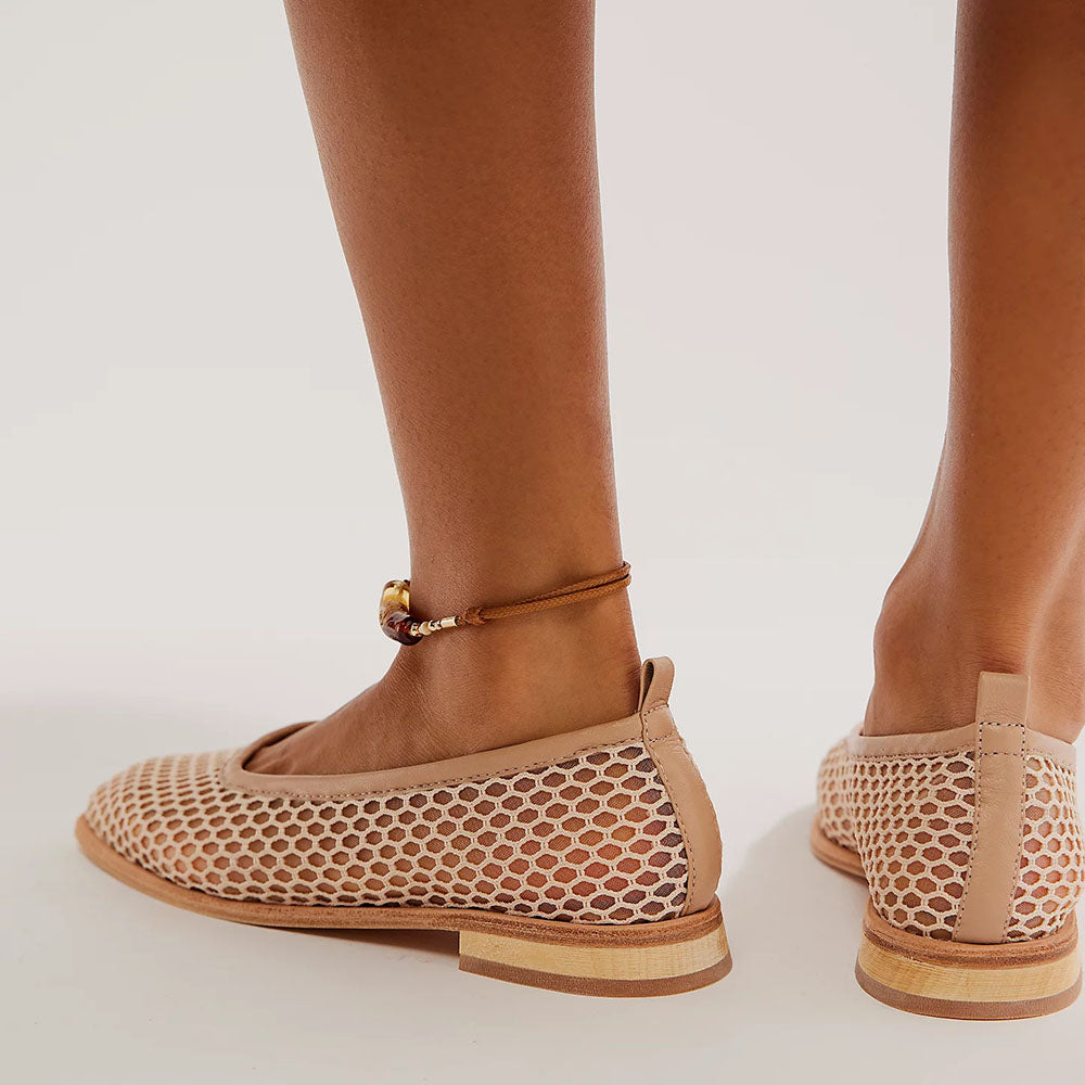 Beige Mesh Upper Slip-On Flat Shoes for Women with Square Toe