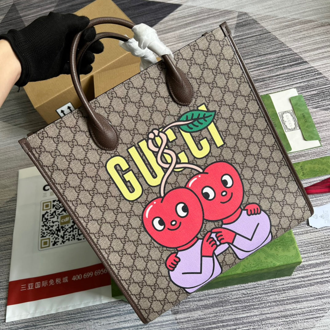 gg Cherry Print Medium Tote Beige For Women, Women’s Bags 15.1in/38cm gg 703264 U2QAG 8839