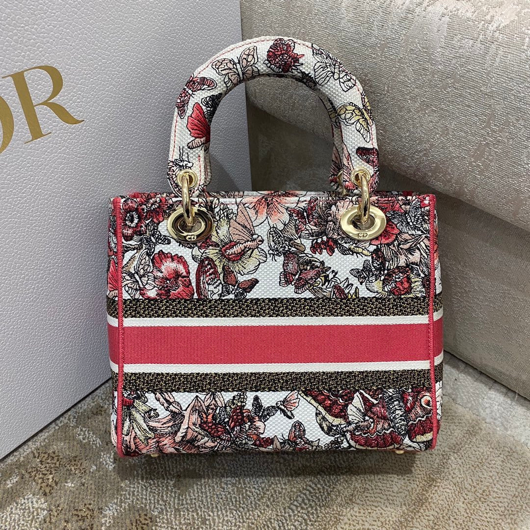 DI Medium Lady D-Lite Bag Multicolor Butterfly Embroidery, Red/Latte Handbags, 24cm CD M0565ORHQ_M884