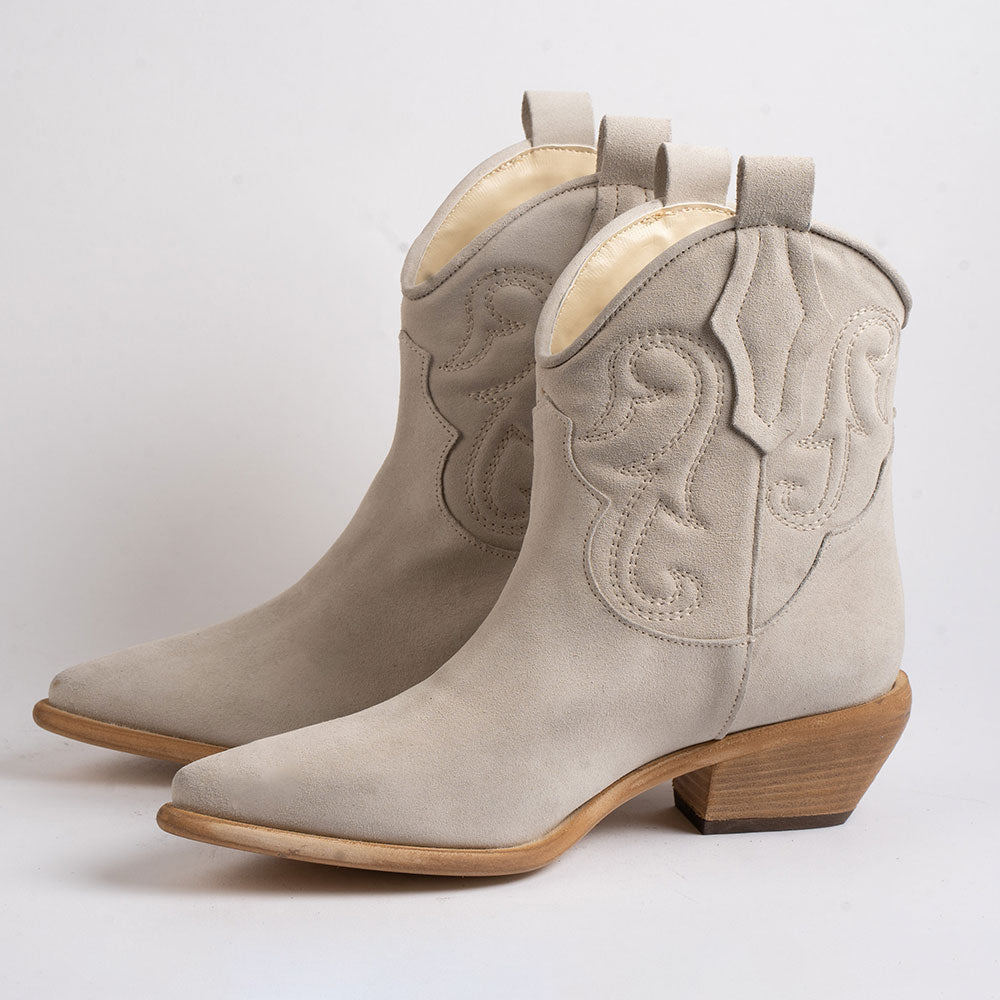 Beige Snip Toe Block Heel Embroidered Cowgirl Ankle Boots for Women