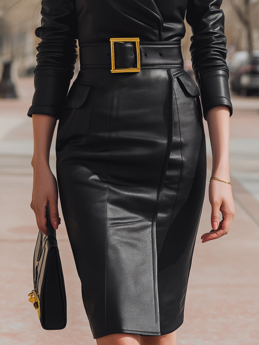 Faux Leather Belted Blazer Dress