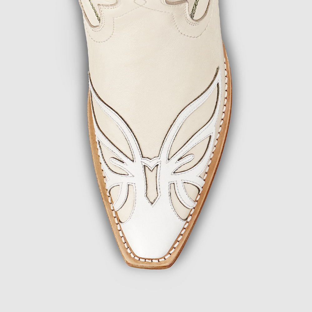Beige Snip Toe Butterfly & Floral Inlay Mid Calf Cowgirl Boots