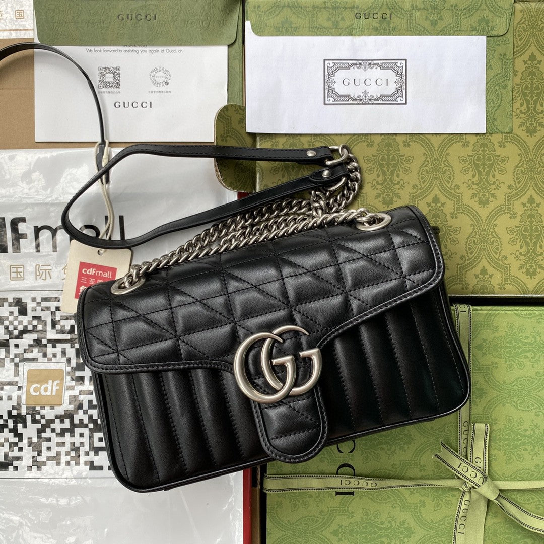 gg Marmont Small Shoulder Bag Black Matelassé For Women 10in/26cm 443497 UM8AN 1000