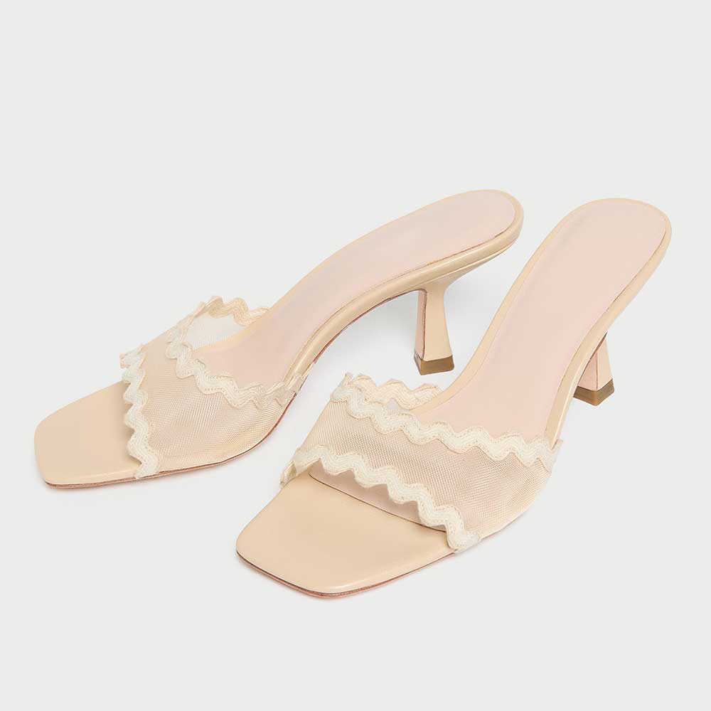 Beige Mesh Open Square Toe Wave Edge Heeled Mules Sandals