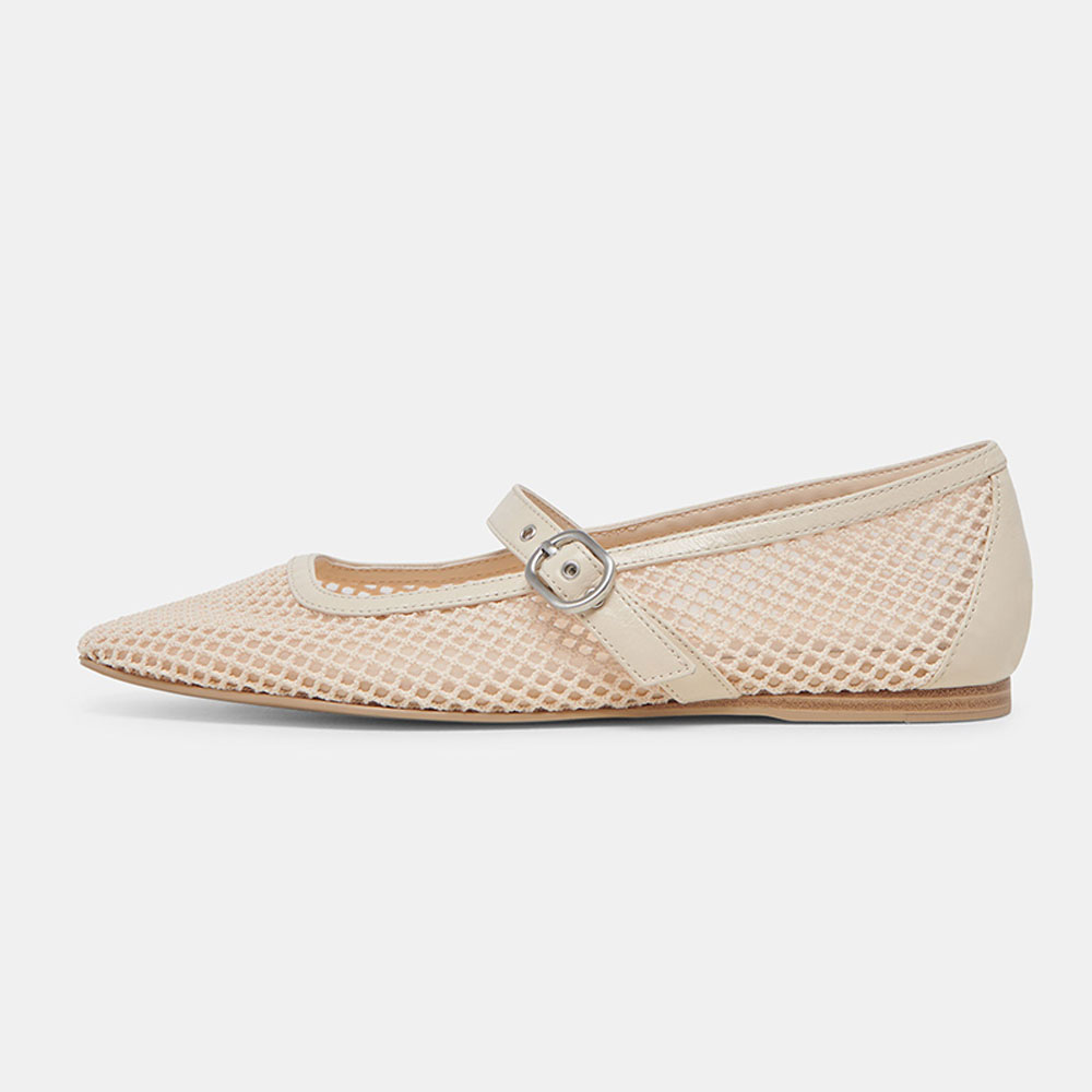 Beige Fishnet Square Toe Flat Buckle Strap Mary Jane Shoes for Women
