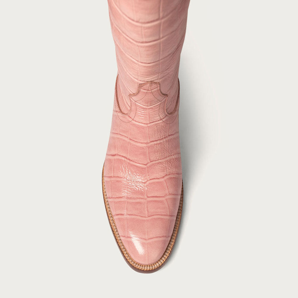 Embossed Low Block Heel Knee High Pink Cowboy Boots for Women