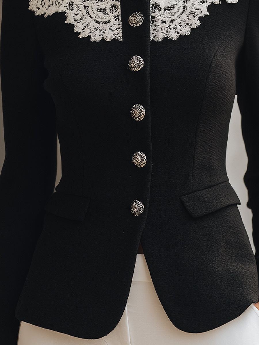 Elegant Black Tailored Blazer With Vintage Lace Collar